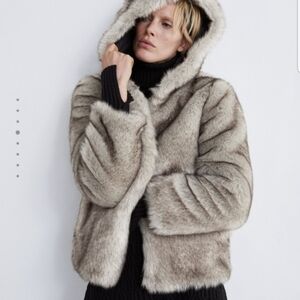 Zara Women's Deluxe Faux Fur Hooded Mink Sable Jacket in Tan Grey Cream Size S